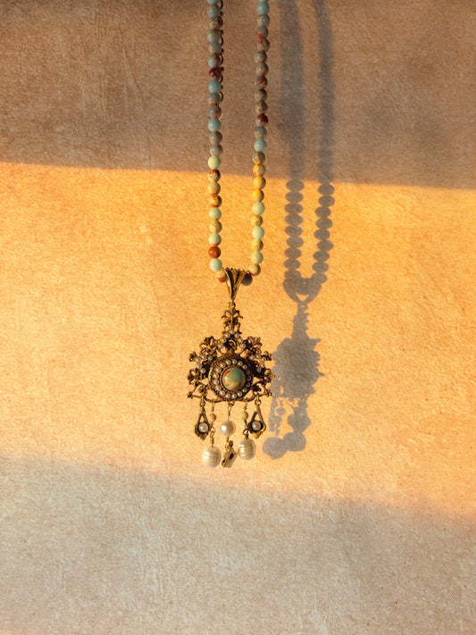 Blooming Garden Pearl Necklace | Handmade Floral Pendant with Natural Gemstone & Pearls