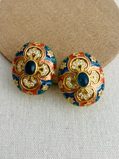 Palace-style Enamel Oval Flower Earrings