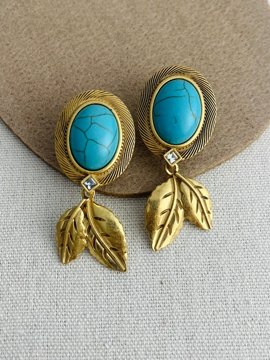 Turquoise Earrings with Leaf Tassel