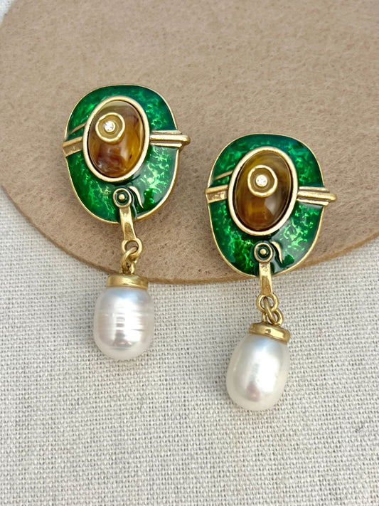 Green Enamel and Amber with Pearl Earring