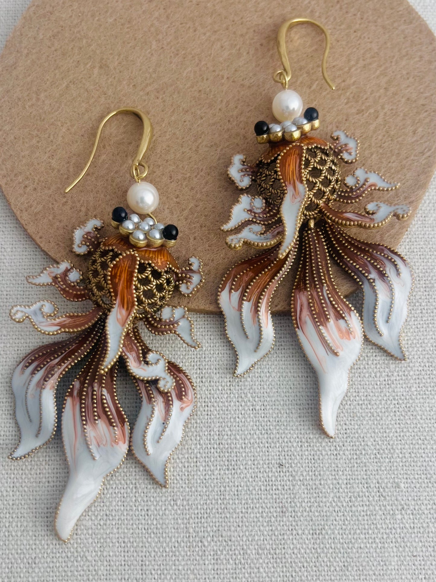 Orange-Pink Enamel Carp Vintage Earrings