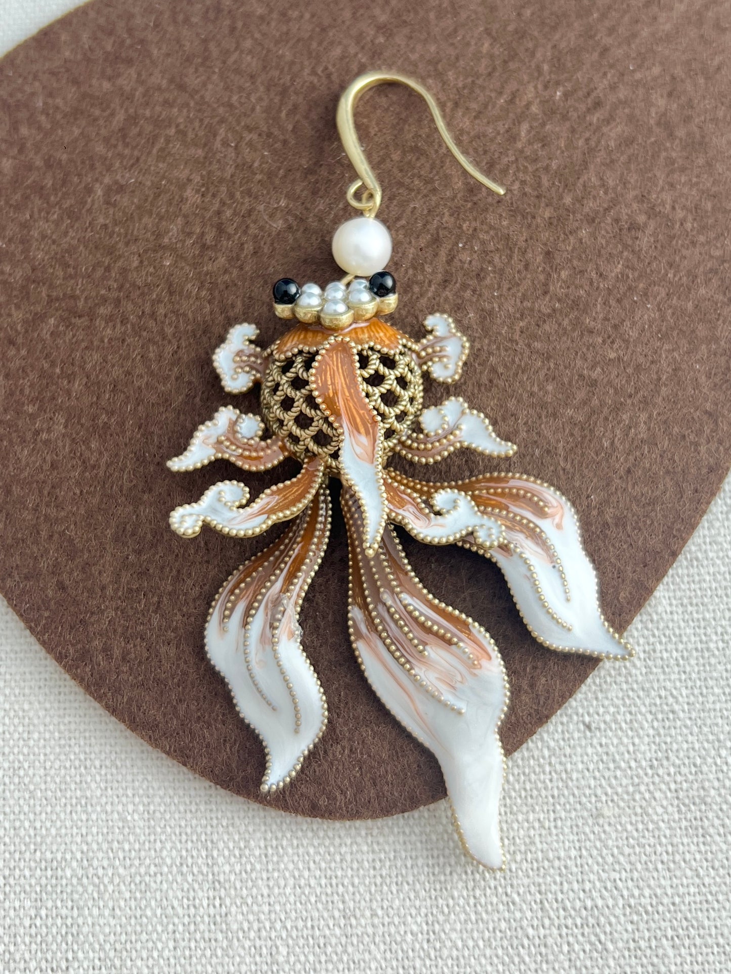 Orange-Pink Enamel Carp Vintage Earrings