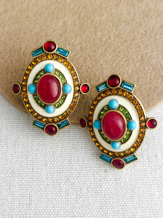 Red Nature Stone and White Enamel Round Earring