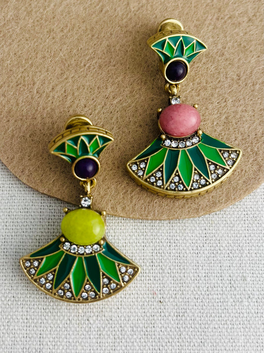 Nature Stone & Green Enamel Fan-Shaped Earring