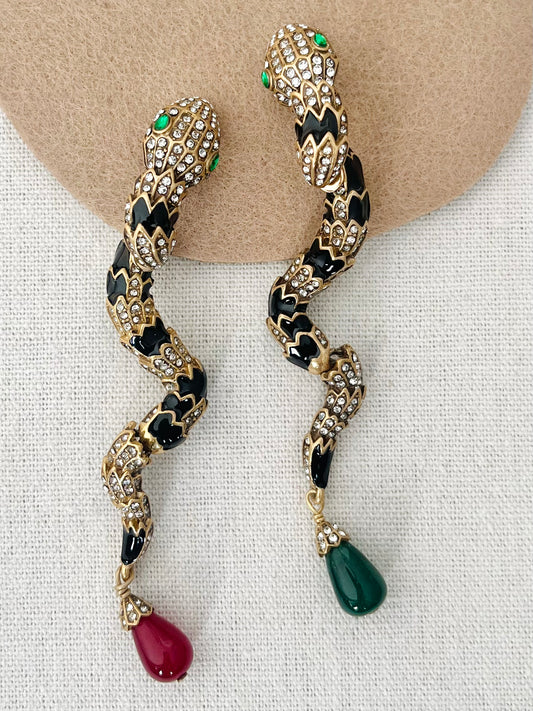 Enamel Snake Earrings With Symmetrical Ruby and Emerald