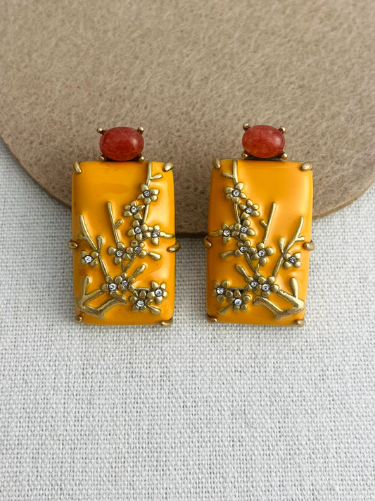 Yellow Square DrIp Glaze Branch With Red Agate Earrings