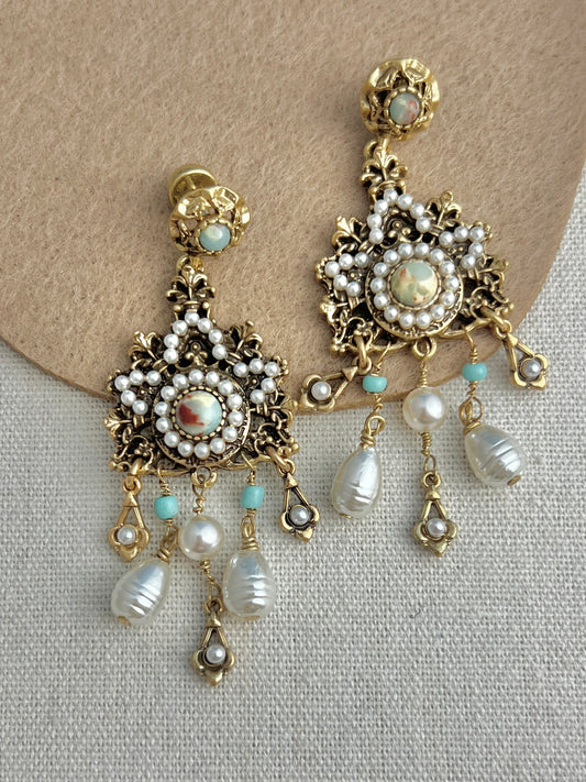 Blooming Garden Pearl Tassel Earrings | Handmade Floral Drop Earrings with Natural Gemstone & Pearls